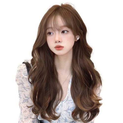 Cheng Ming wig for women with cold brown long curly hair, big waves, breathable summer fashion, air bangs, full headgear style