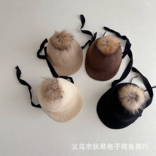 Autumn and Winter Children's Knitted Hat Korean Style Same Style with Fur Ball Cute Ribbon Flat-brimmed Wool Cap for Boys and Girls