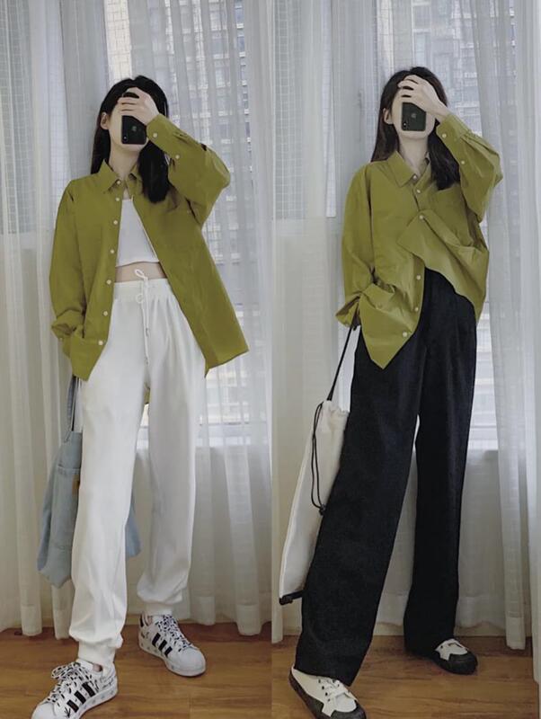 Designer Style Double-Pocket Loose Green Long-Sleeve Shirt Jacket for Women 437177 Women's Fashionable Versatile Commuter Wear