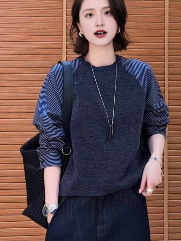 韩系高级感条纹拼接卫衣女秋2025新款宽松薄款别致独特超好看上衣|undefined