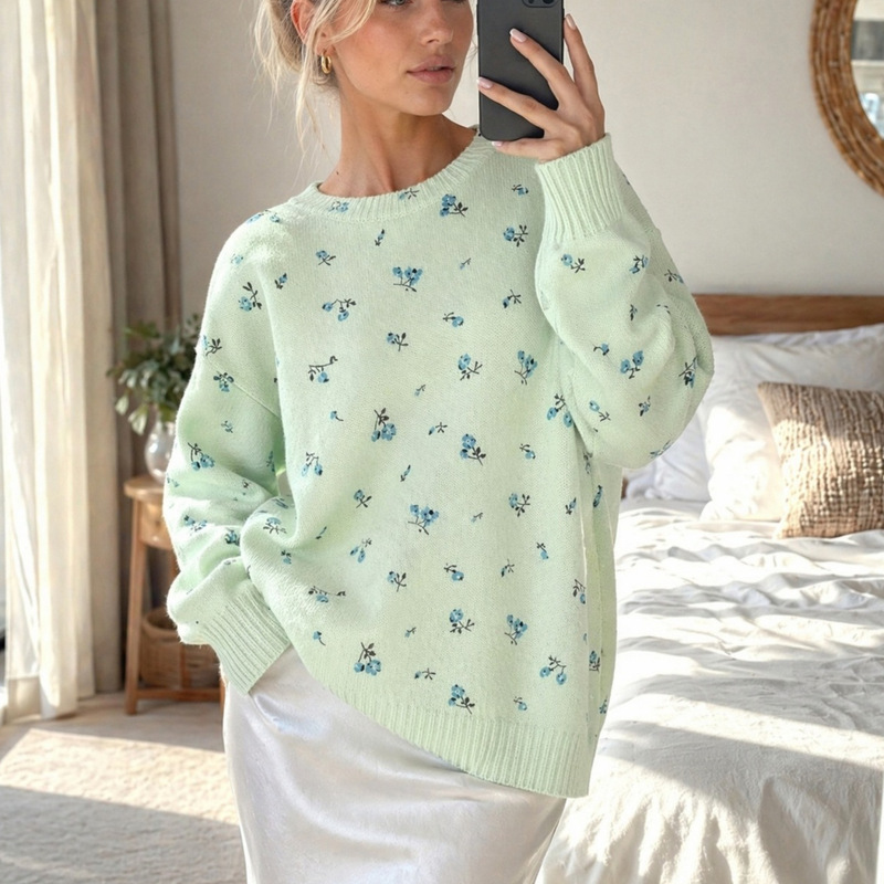 Floral Round Neck Sweater, Lightweight and Breathable, Spring and Autumn Casual Top, Floral Print Knitted Pullover, Simple Women's Sweater Floral Round Neck Sweater, Lightweight and Breathable, Spring and Autumn Casual Top, Floral Print Knitted Pullover, Simple Women's Sweater