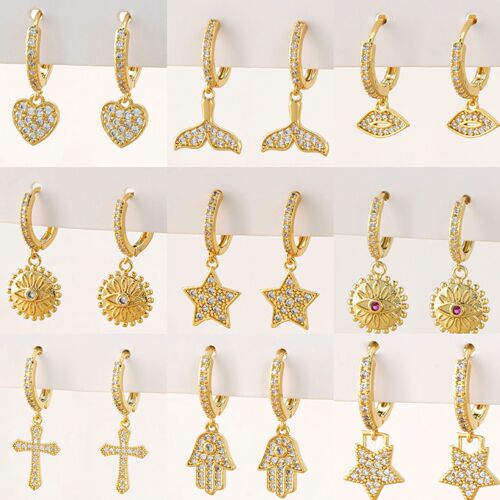 Cross-border fashion micro-set zirconia cross pendant earrings with bow and palm shape ear hooks for women, lightweight luxury, niche earrings
