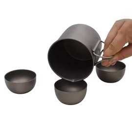 露营徒步旅行茶具套装钛咖啡杯便携式户外饮水用具带3个功夫茶杯