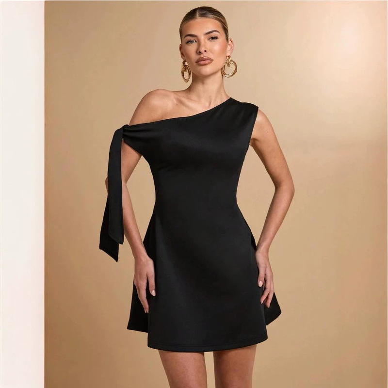 European and American Fashion Hot Girl Cross-Border New Style Solid Color One-Shoulder Sleeveless Patchwork Tie-Up Bodycon Short Dress for Women European and American Fashion Hot Girl Cross-Border New Style Solid Color One-Shoulder Sleeveless Patchwork Tie-Up Bodycon Short Dress for Women
