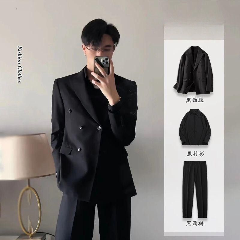 Black suit jacket men's spring and autumn business men's clothing high-grade shoulder pad handsome double-breasted suit full set men's clothing