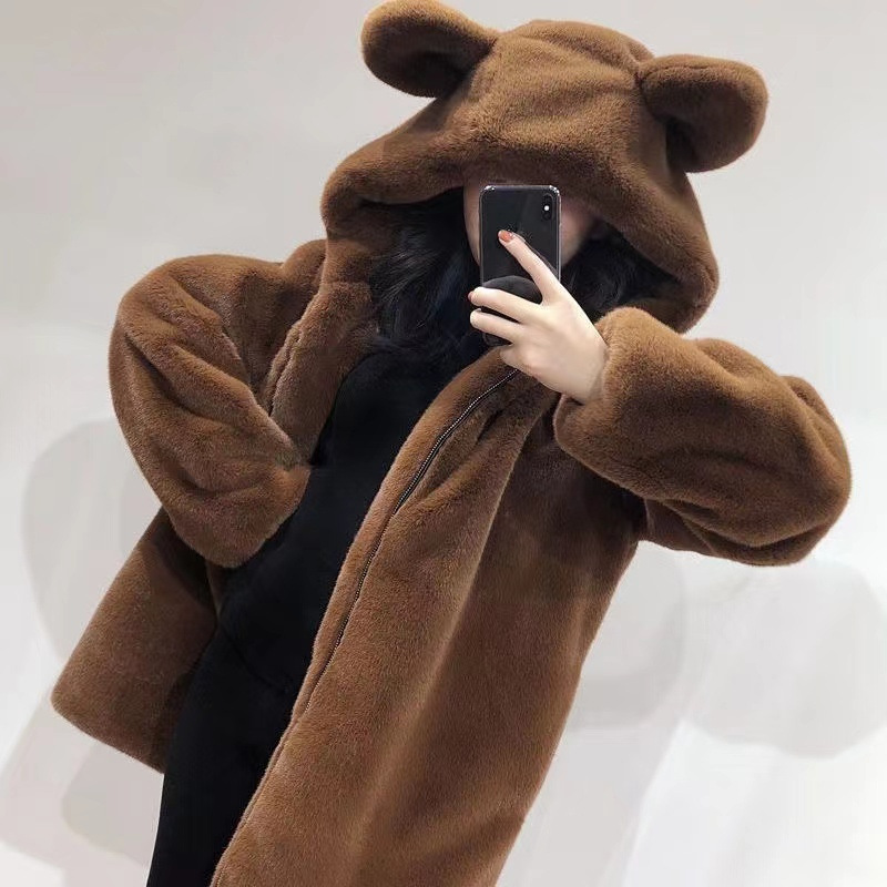 2025新款跨境小熊耳朵卫衣女ins可爱宽松加绒加厚毛绒中长款外套