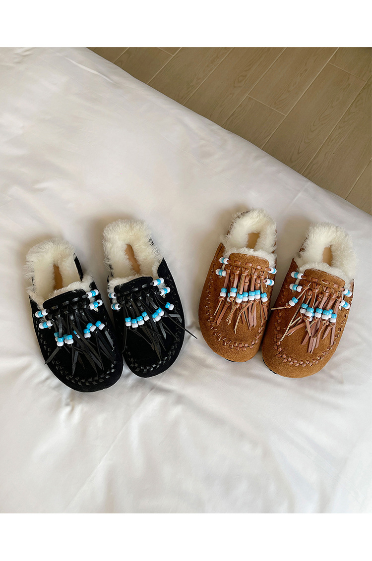 Guốc lười lông dày nữ mũi tròn kiểu Birkenstock có tua rua và hạt — màu nâu chi tiết 28