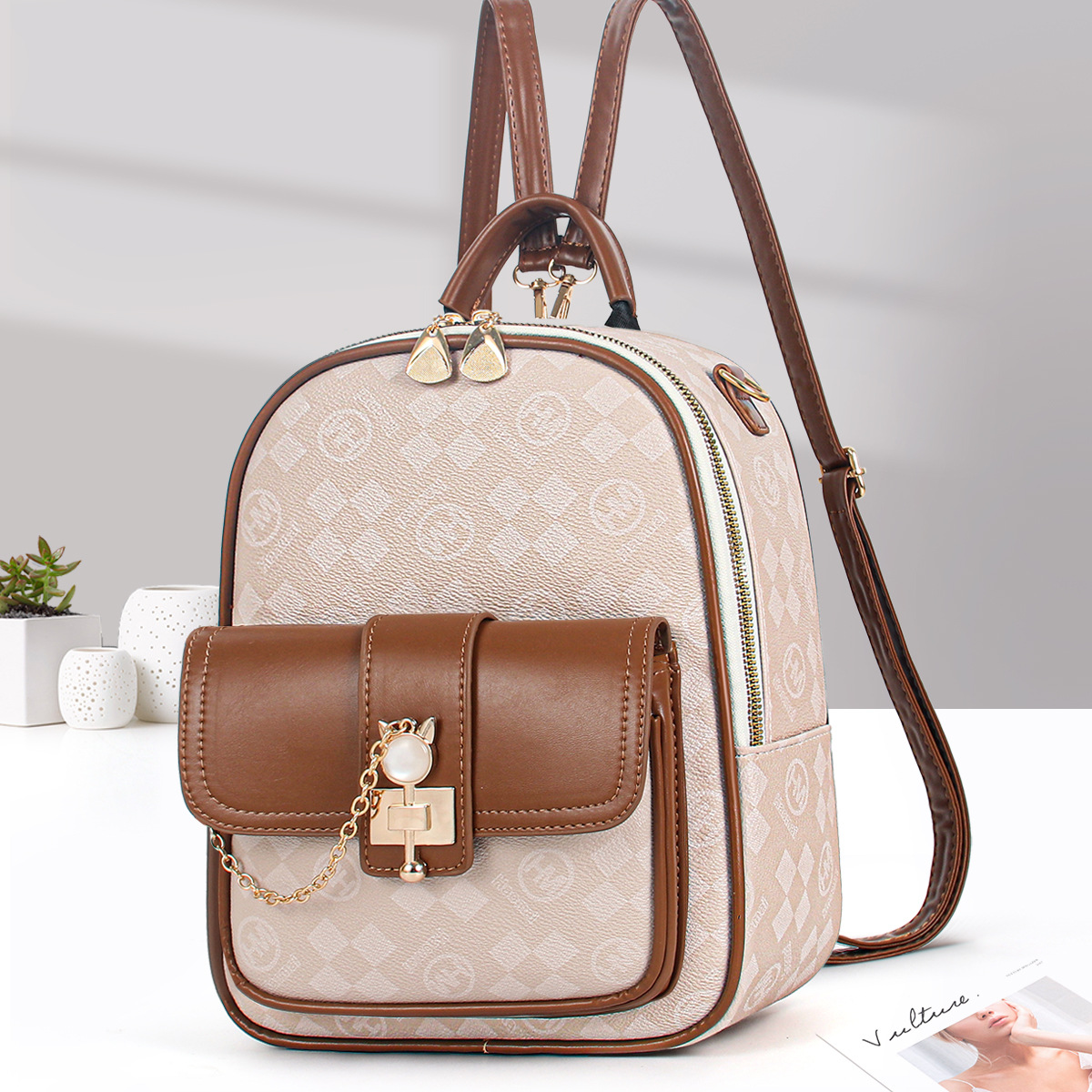 Rucksack Damentasche Feste Form Rucksack im koreanischen Stil Bedruckter Damen-Reiserucksack Große Kapazität Schultasche_voghion.com