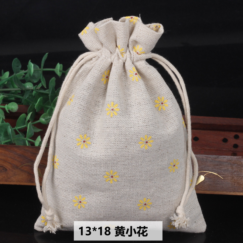 Ventas calientes de impresión de paquetes de cuerda de dibujo bolsas de impresión logotipo de lino bolsa de tela para el medio ambiente bolsa de almacenamiento de artículos 13 * 18