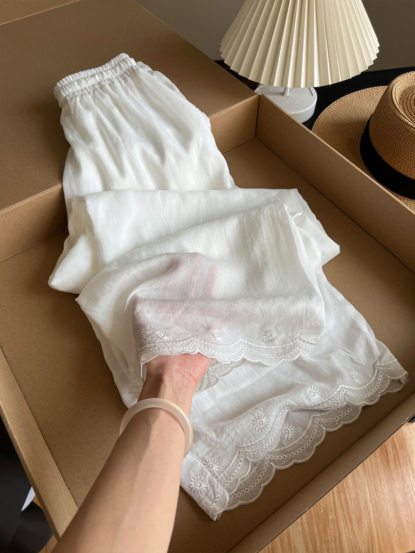 レース刺繍ホワイトリネンカジュアルストレートパンツ女性のための 2025 夏フレンチライト通気性ドレープワイドレッグパンツ|undefined