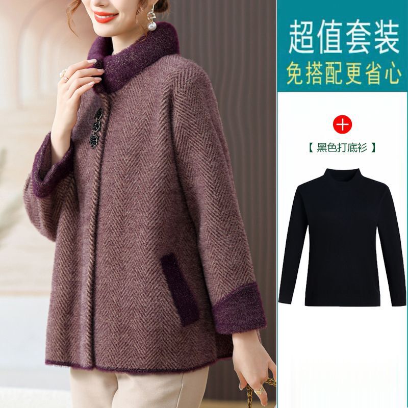 妈妈秋冬仿水貂绒洋气外套新款中老年女时尚加厚毛呢开衫上衣|undefined