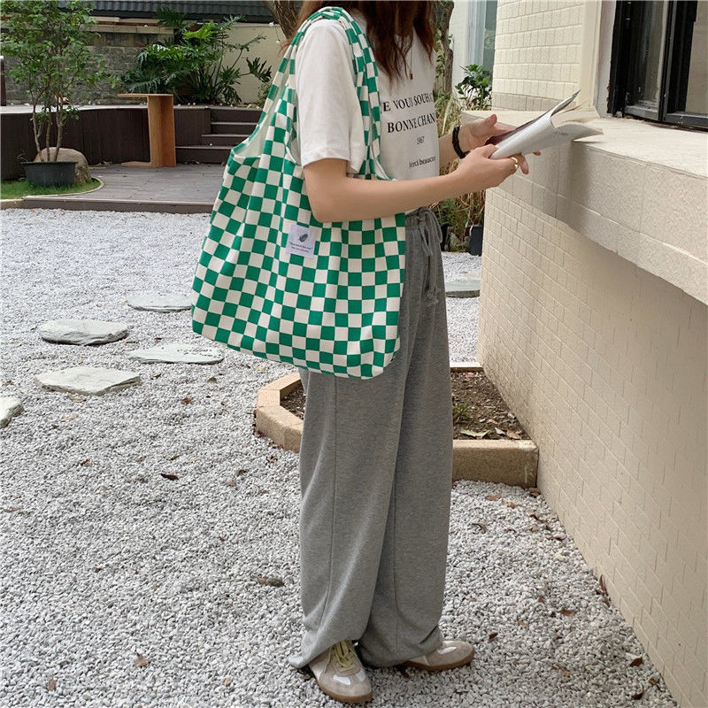 女性のためのバッグ 2022 新しい韓国スタイルインレトロ市松キャンバスベストバッグ学生多用途ポータブルショルダーバッグ|undefined
