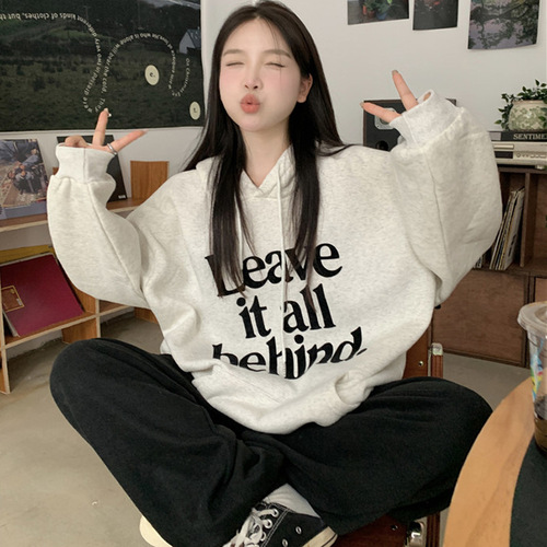 68220#250g Korean Ins Fleece Letter Hooded Sweatshirt Loose Hooded Sweatshirt Long Sleeve Overhead Top Outerwear