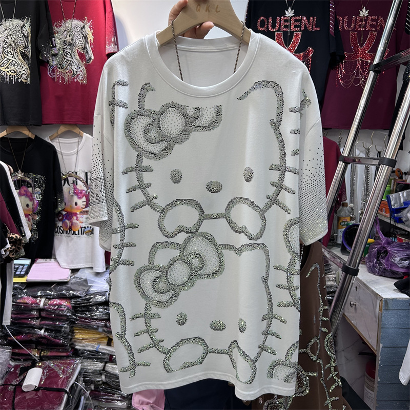 European and American Style Heavy-Duty Rhinestone Cat Pattern Short-Sleeve T-Shirt for Women, Loose Round Neck, Fashionable Versatile Top, Trendy Top