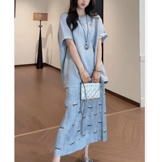 时时尚宽松休闲上衣女设计感宽松显瘦+半身裙子温柔风两件套2026