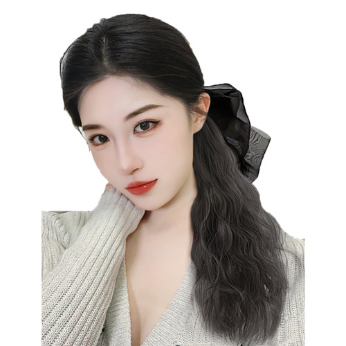 Wig for women with medium-long hair, detachable bow high ponytail grabber, same style water ripple low-tie wig braids