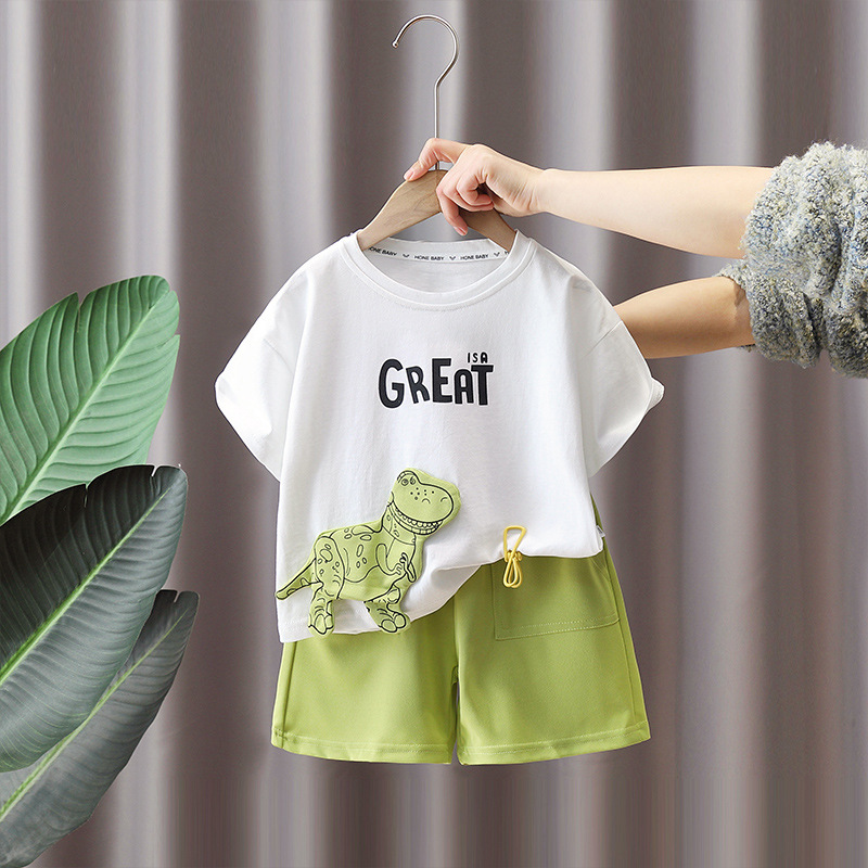 7337 Traje de camiseta de dinosaurio para niños Verano 2025 Nuevo estilo Cool y guapo Ropa delgada de manga corta Red de Internet de moda 6