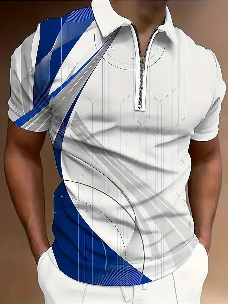 Camisa POLO con cremallera de manga corta con estampado digital 3D para hombre de verano transfronterizo de estilo deportivo y casual patrón geométrico MB13