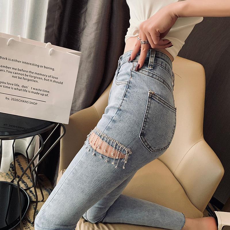 High Waist Jeans Women's Autumn 2023 Trendy ins Super Tight Slimming Light Ripped Slim-fit Ankle-length Pants