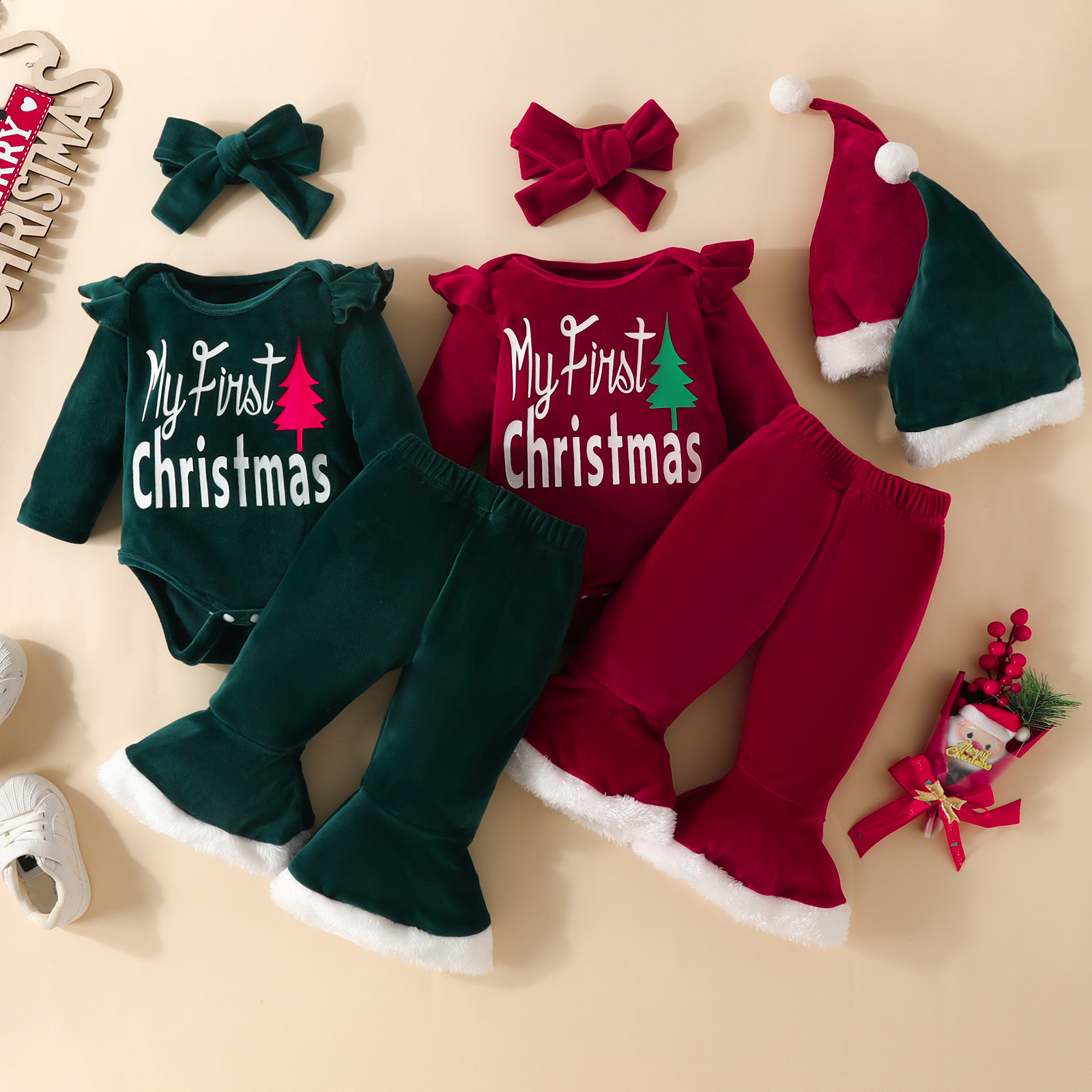 Cross-Border 4PCs Niño "Navidad" carta de impresión volando manga larga Top + pantalones acampanados + pañuelo + sombrero