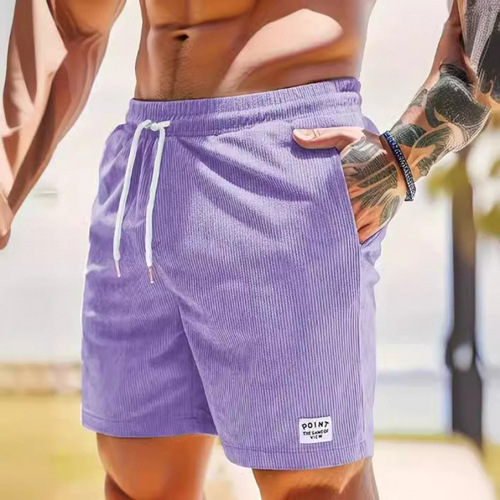 Summer solid color lacing sports pants corduroy simple quarter shorts men's shorts casual pants