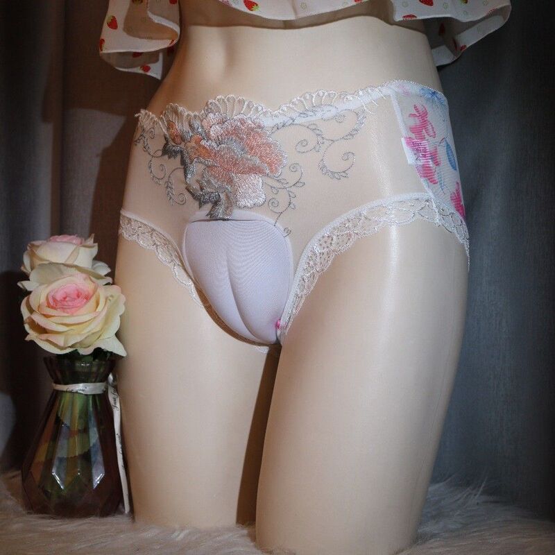 Unisex Mesh Embroidery Abalone Bruise Cross-Dressing Male Cross-Dressing Hidden Lower Body Jj Briefs Sexy Transparent Underwear