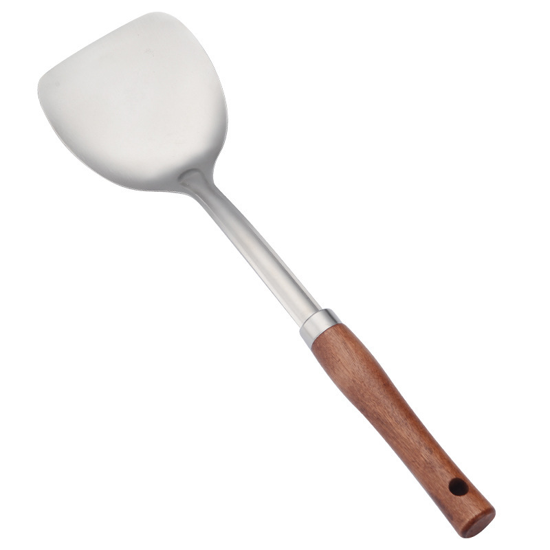 Espátula de acero inoxidable gruesa con mango de madera, cocina, cocina, cocina, pala, cuchara, colador, cuchara de cocina de acero inoxidable para el hogar