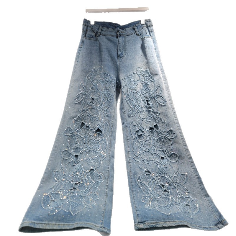 Bordado jeans en caliente mujer 2026 nuevo diseño con cintura alta, cintura suelta, piernas anchas y pantalones vaqueros elásticos