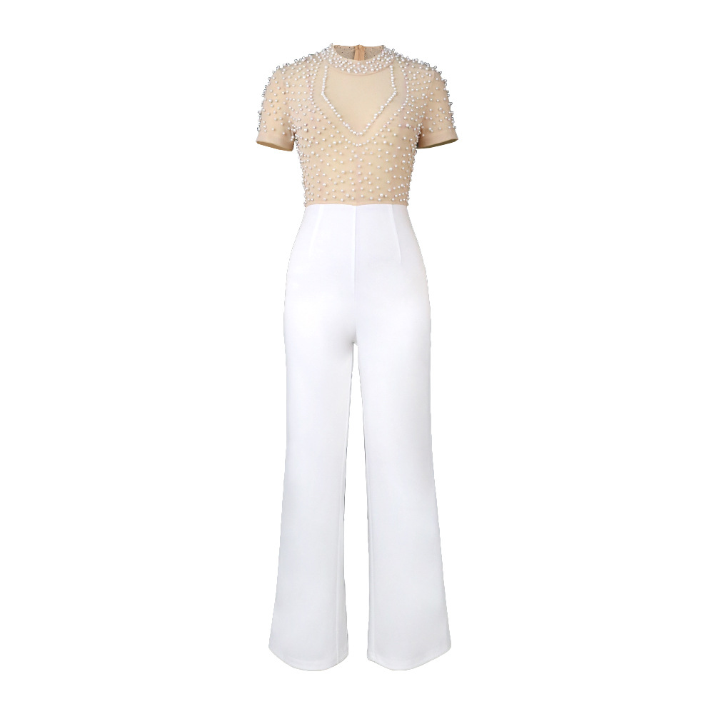 Women's Clothing Round Neck Short Sleeve Beaded Jumpsuit Casual Style High Waist Slim Party Dress Jumpsui_voghion.com