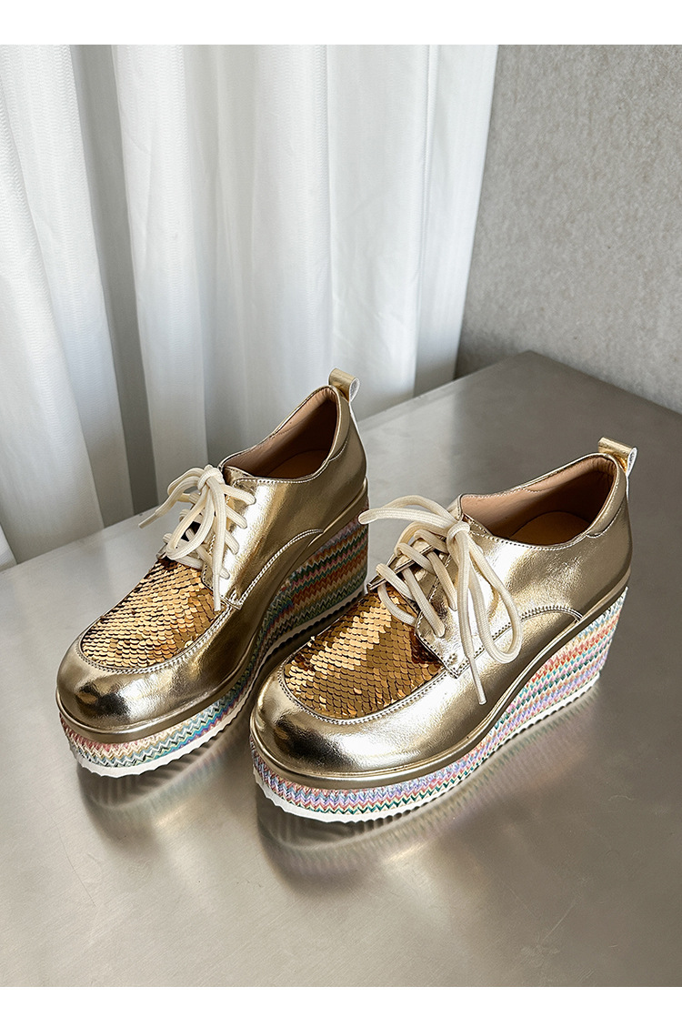 Giày loafer nữ đế xuồng cao gót 9 cm, phối đế cói, dây buộc, phối sequin lấp lánh — màu vàng, xanh lam chi tiết 19