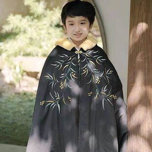 Children's Hanfu cloak men's winter long fleece-lined thickened cloak fur collar Chinese style embroidered Super fairy ancient costume
