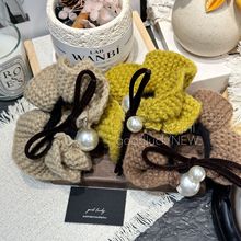 秋冬新款高级感简约手工毛线大肠圈珍珠蝴蝶结双层小蛮腰发圈发饰