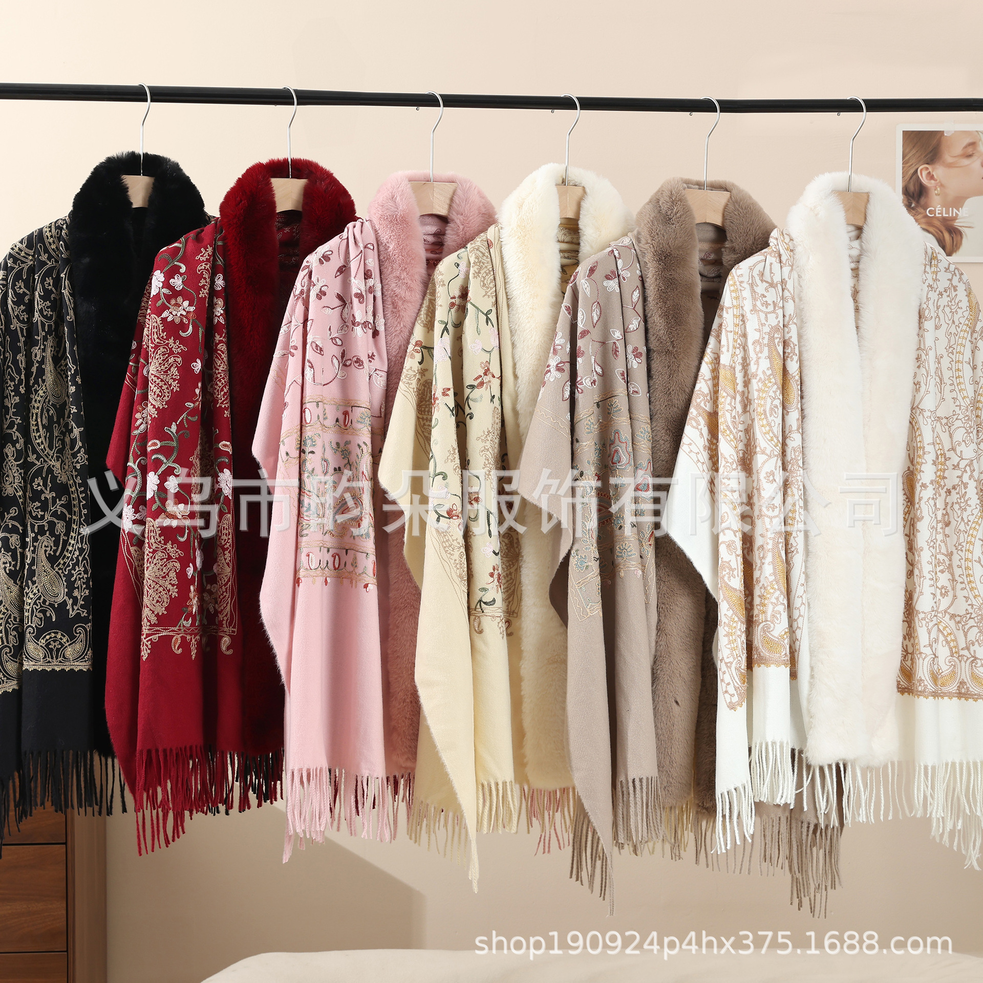 Imitation cashmere embroidered shawl with rabbit fur collar suitable for cross-border foreign trade