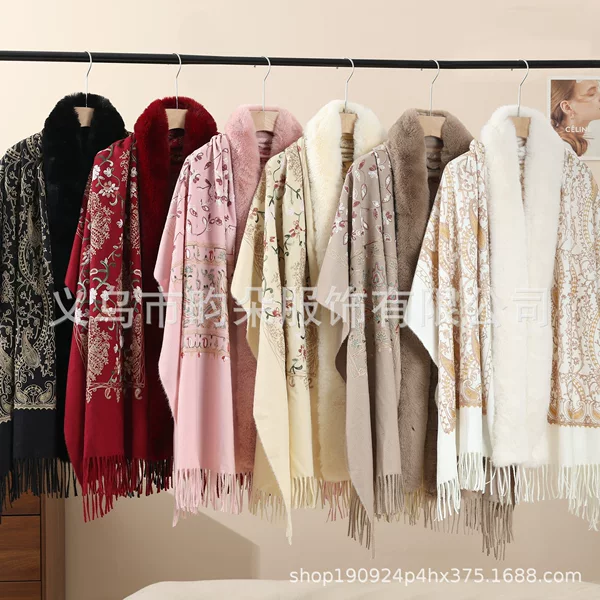 Imitation cashmere embroidered shawl with rabbit fur collar suitable for cross-border foreign trade