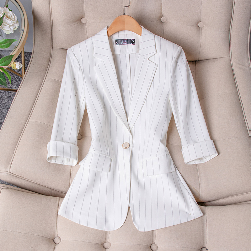 Spring and Summer New White Three-Quarter Sleeve Stripesd Small Suit Jacket Women's Slim Waist Thin Short Top Professional Suit