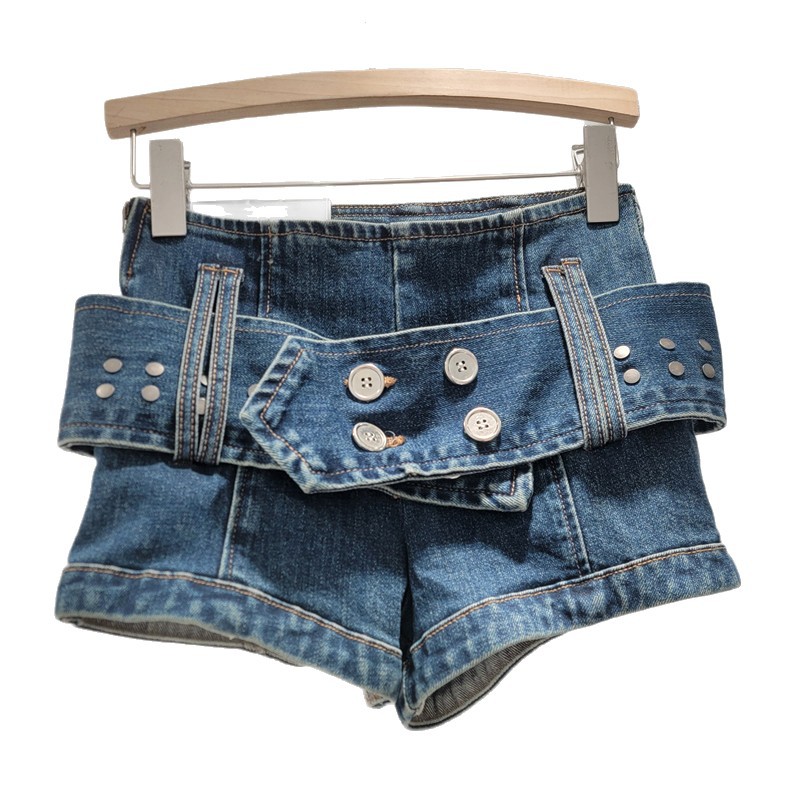 Pantalón Corto de Mezclilla de Tiro Bajo con Remaches para Mujer