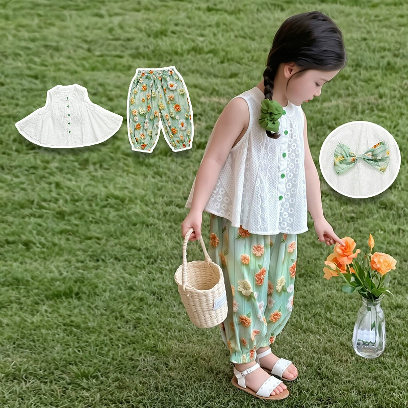 Three dimensional vest, summer set, small summer clothing, flowered
