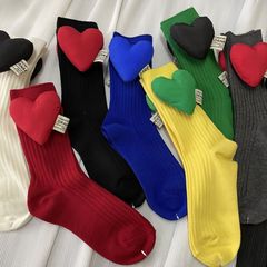 立體愛心字母標純色雙針中筒襪紅色本命年襪克萊因藍BV綠可愛女襪