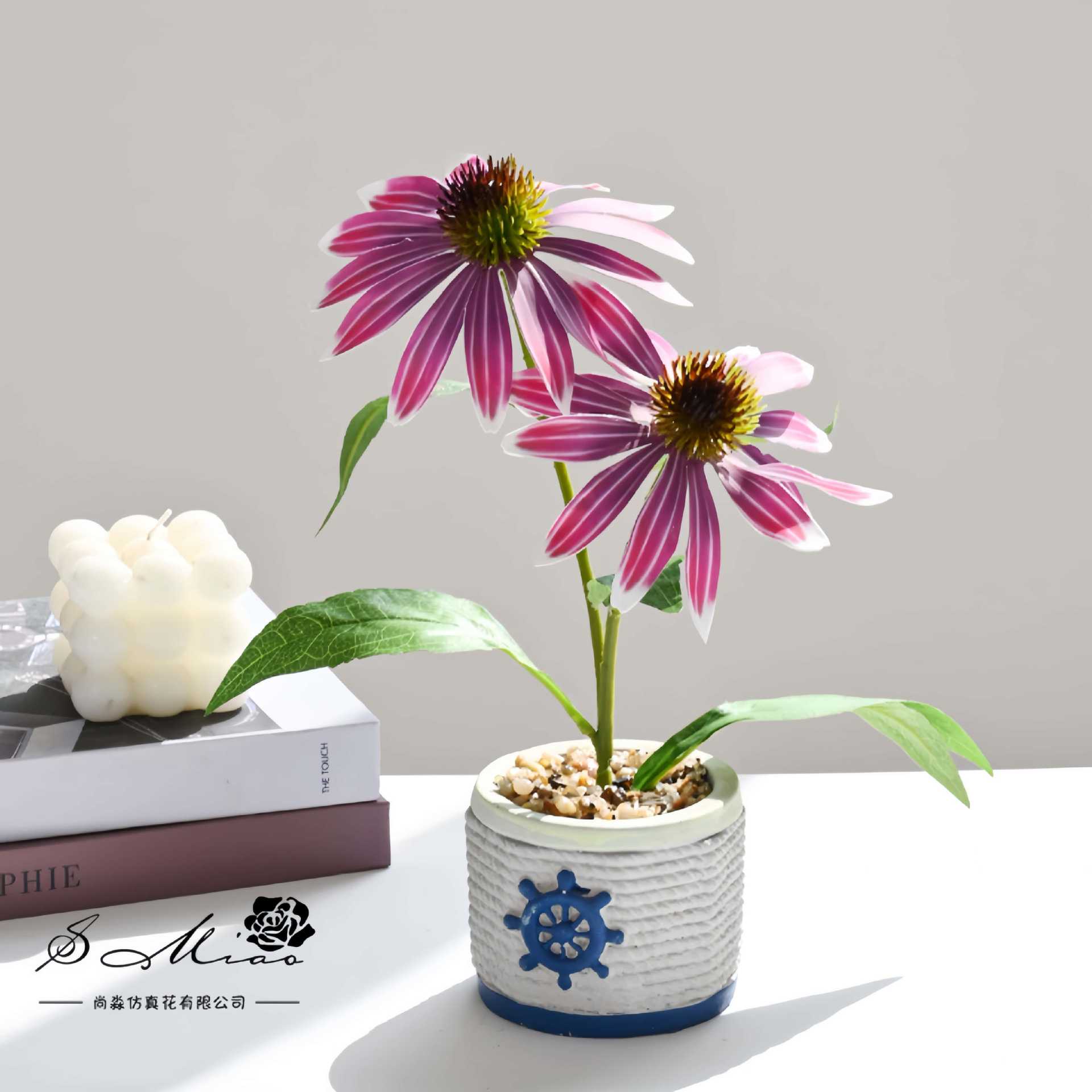Nuevo estilo transfronterizo de dos cabezas de equinácea pequeño bonsái decoración de estudio fotográfico de hogar creativo decoración de planta verde artificial simulación en maceta image 1
