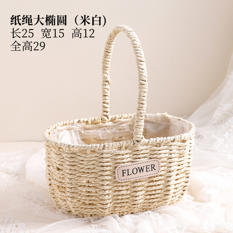 Cesta de flores con asa de encaje, cesta de bambú tejida para floristas, embalaje DIY, pequeña cesta de bambú para ramos y flores secas.