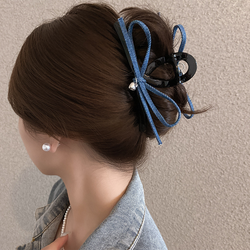 2025 新しいデニムリボンクリップ女性の多用途ハイエンドヘアクリップ後頭部大型サメクリップ帽子|undefined