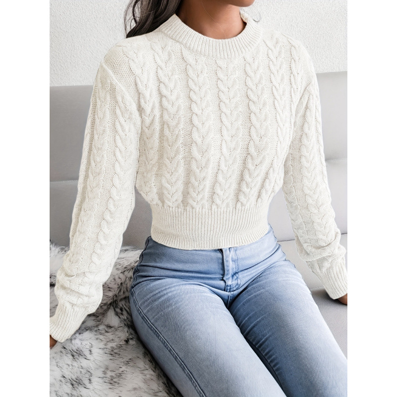 2026 Cross-Border New European and American Pure Color Round Neck Cable Knitted Sweater Casual Long-Sleeved Cross-Border Dropshipping