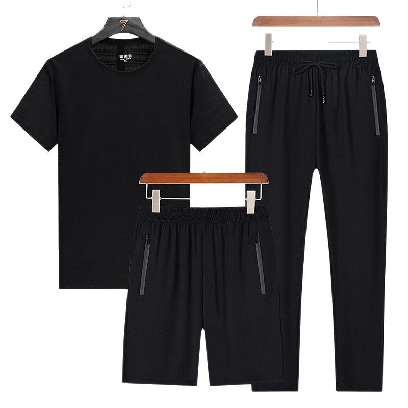 Trajes deportivos de verano transfronterizos de seda de hielo para hombres, camisetas de manga corta, pantalones cortos de tres piezas casuales para hombres