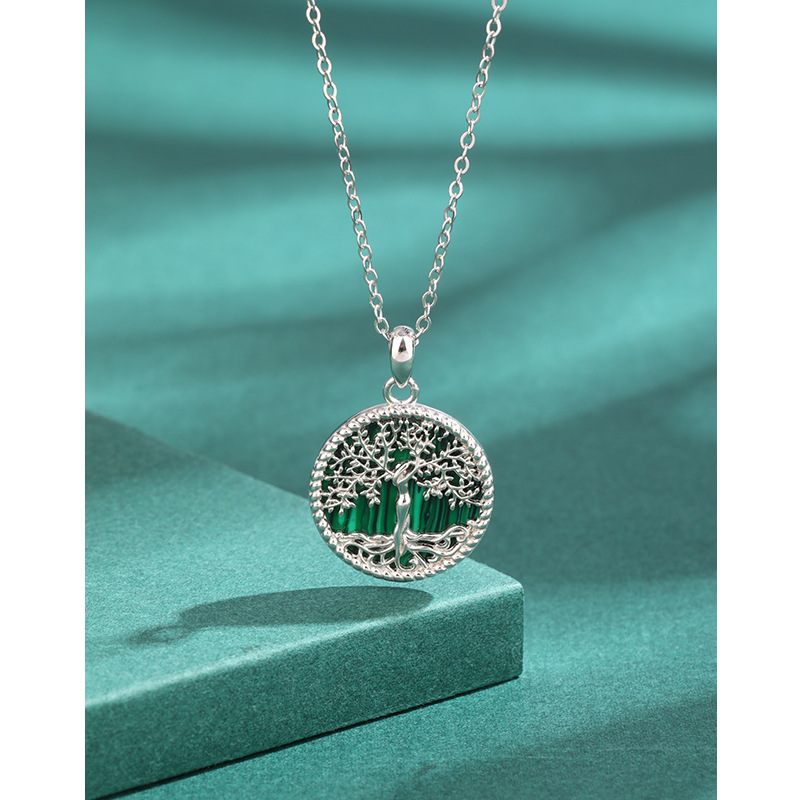 925 plata esterlina collar redondo árbol de vida malaquita mujer estilo europeo y americano transfronterizo colgante de alta calidad joyas de cadena de clavícula