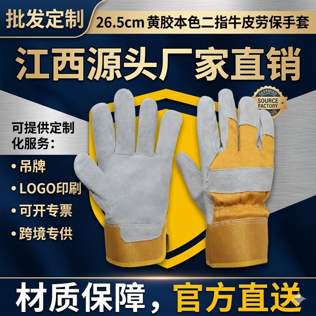 现货短款黄胶焊工手套全掌耐磨隔热烧焊劳保手套牛皮电焊园艺批发