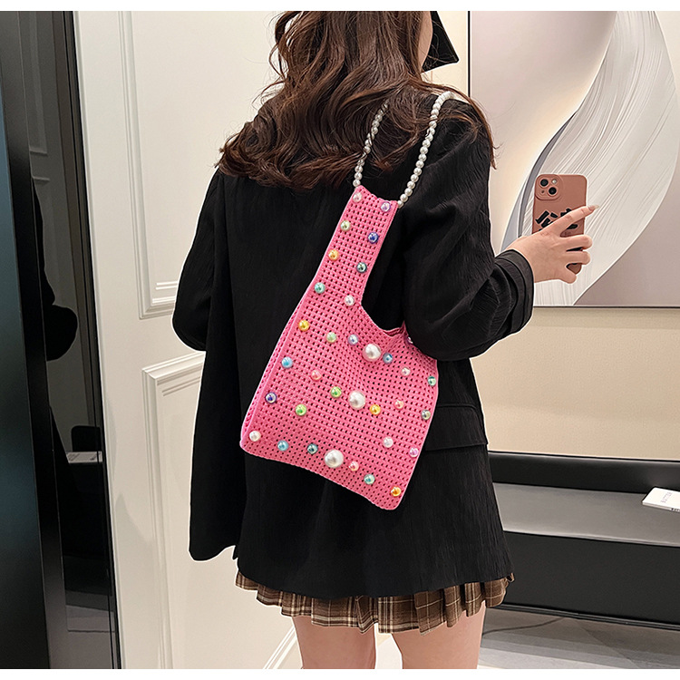 Knit Material Solid Color Pattern Women's Medium Knit Solid Color Cute Pearls Open Straw Bag