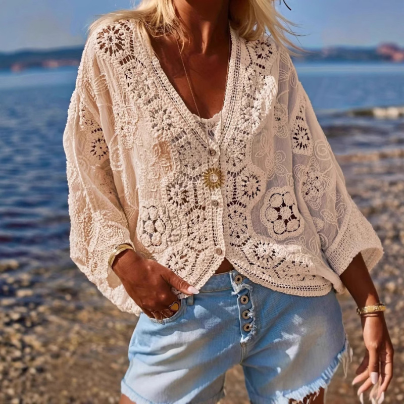 European and American Cross-Border Hot-Selling Spring and Summer V Neck Cut Out Knitted Blouse with Three-Quarter Sleeves, Loose and Slimming Look Outer Top