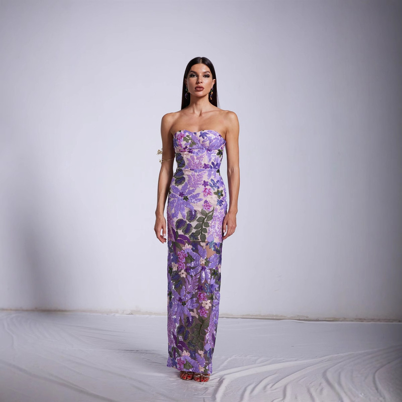 Banquet Evening Dress 2026 Heavy Embroidery Sequin Strapless One-Step Skirt Slim Sexy Figure-Flattering Slit Long Dress