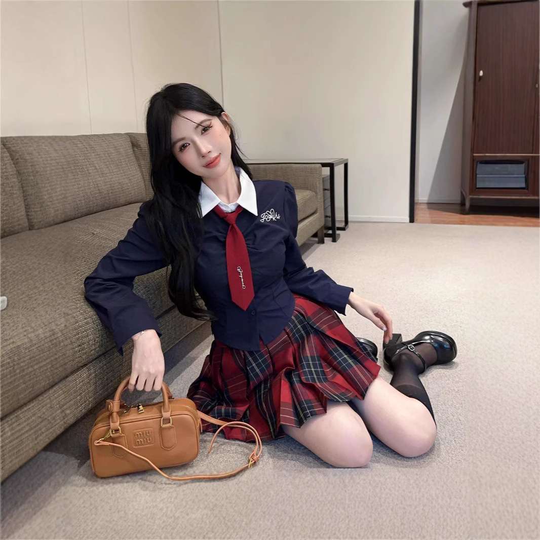 새로운 대학 스타일 JK 세트 달콤하고 뜨거운 긴 소매 넥타이 탑 높은 허리 격자 무늬 주름 치마 유니폼 2 피스 세트