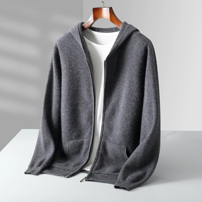 Demi-season hoody, cardigan, woolen jacket, knitted sweater with zipper